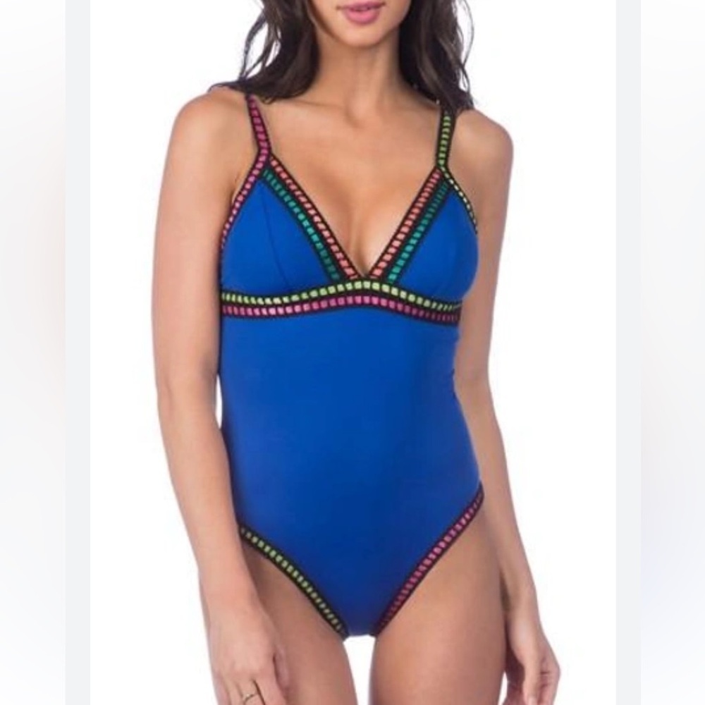 La Blanca Blue One Piece Swimsuit with Multicolor Trim